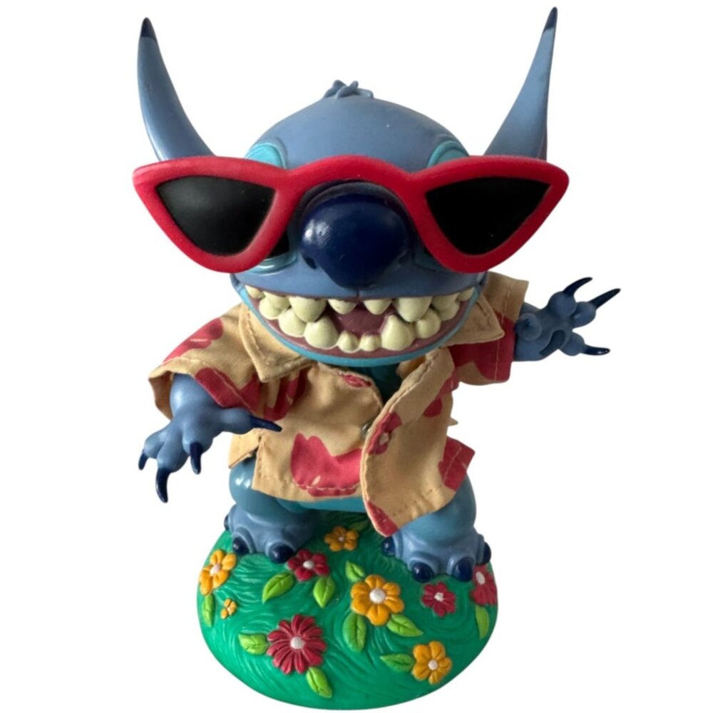 Disney Stitch Bobblehead Wearing Sunglasses Hawaiian Shirt Flower Base 2001 Hasb